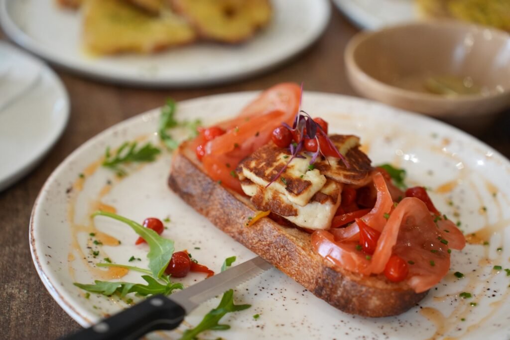 Tomato toast on cafe table