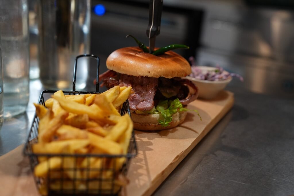 Cafe burger and chips board