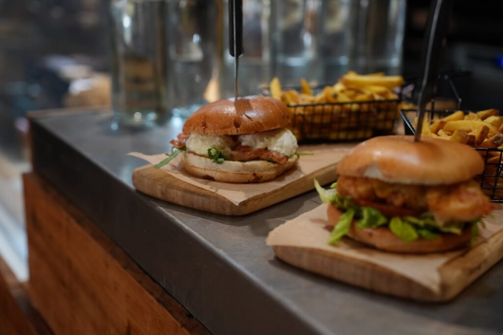 Cafe burger plates on counter