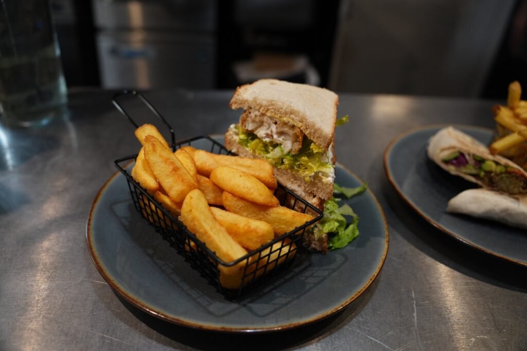 Burger and chips serving