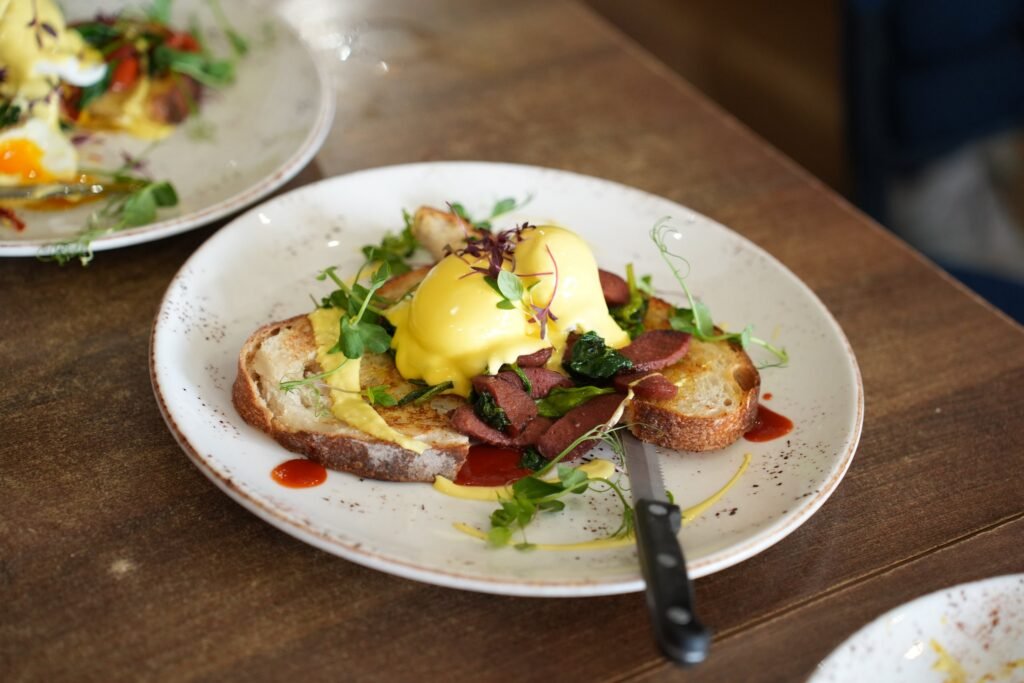 Eggs benedict style brunch plate